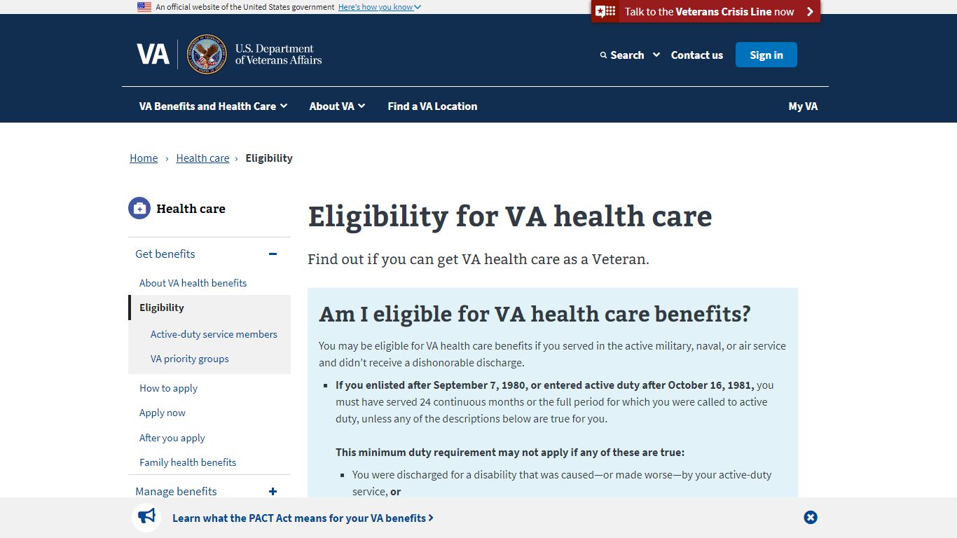 Eligibility For VA Health Care | Veterans Affairs